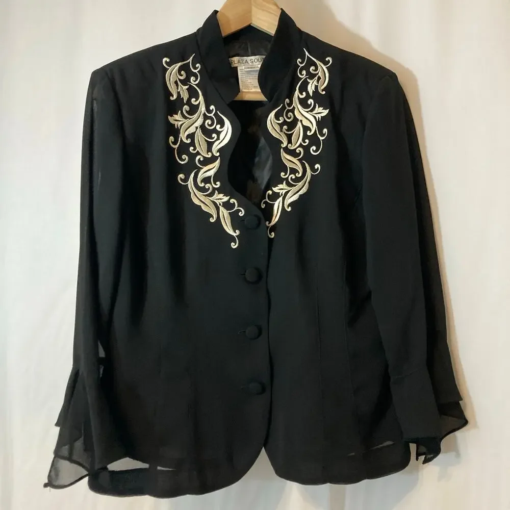 Vintage Plaza South Black Ruffle Embroidered Two Piece Blazer Skirt Set Suit